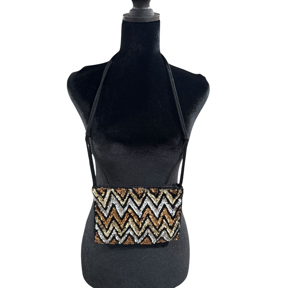 Beaded Sequin Chevron Crossbody Bag Gold Silver Bronze Evening Clutch